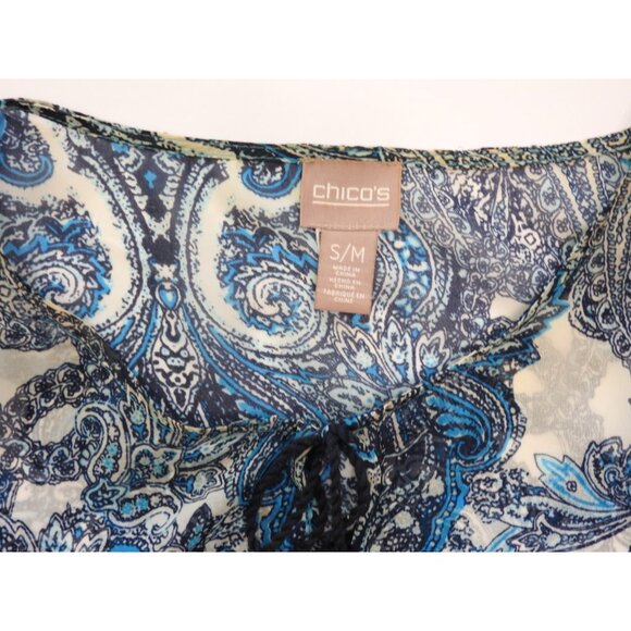 Chicos Blue Paisley Sheer Boho Blouse Size S M Tassel Tie Top Katran - Picture 7 of 11